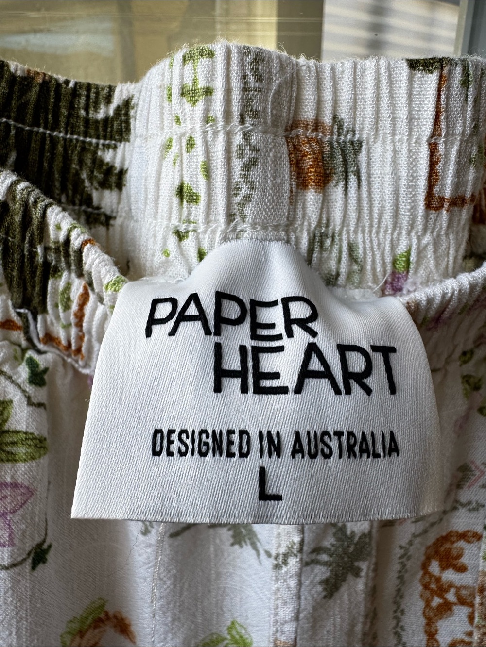 Paper Heart Smocked Waist Pants  - White with Green & Brown Print
